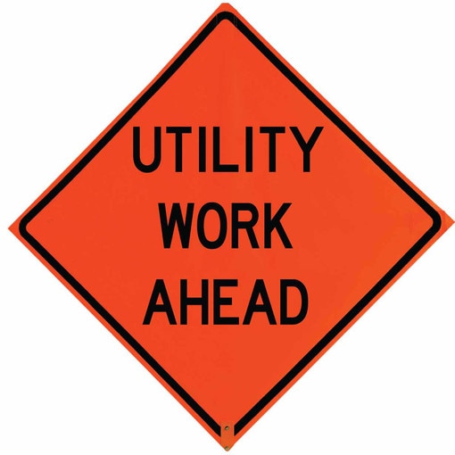 Roll Up Sign, 48x48 Non Reflective Vinyl PP HF Utility Work Ahead (W21-7) Velcro around Ahead 9x30