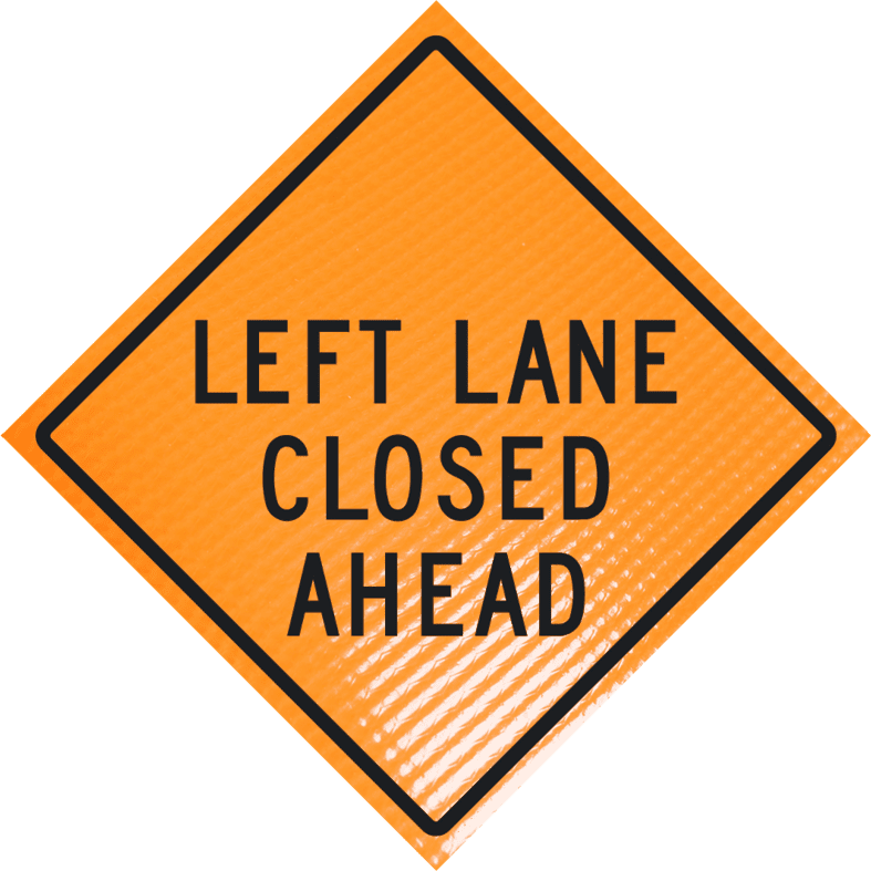 Roll Up Sign 48x48 OmniBrite (WU7014) PP HF Left Lane Closed Ahead, (W20-5L) Snaps around Right / Ahead
