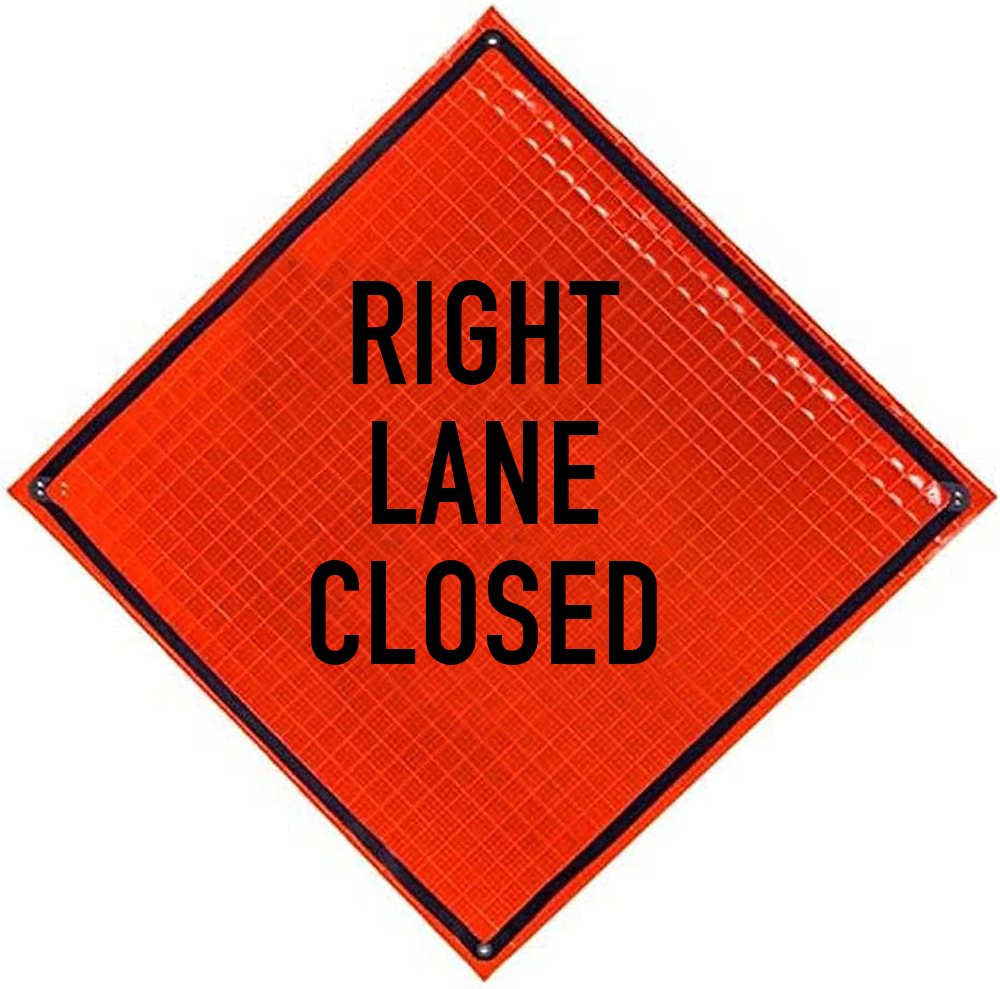 Roll Up Sign, 36x36 Reflective PP HF Right Lane Closed Ahead, (W20-5R) Velcro around Right 7x16 / Ahead 7x22