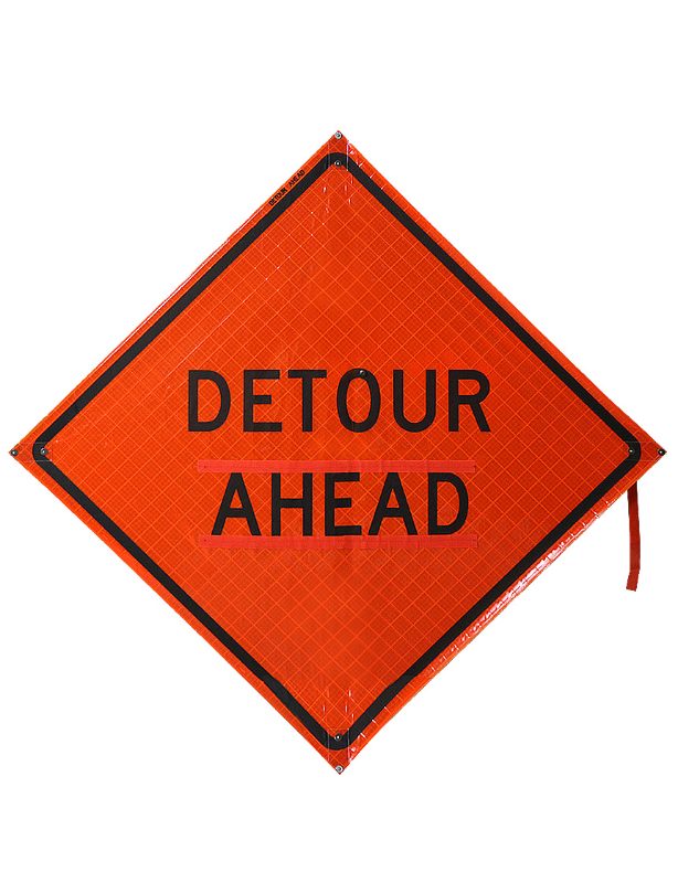 Roll Up Sign, 48x48 Reflective PP HF Detour, w/ velcro for a 14" x 30" Arrow Overlay