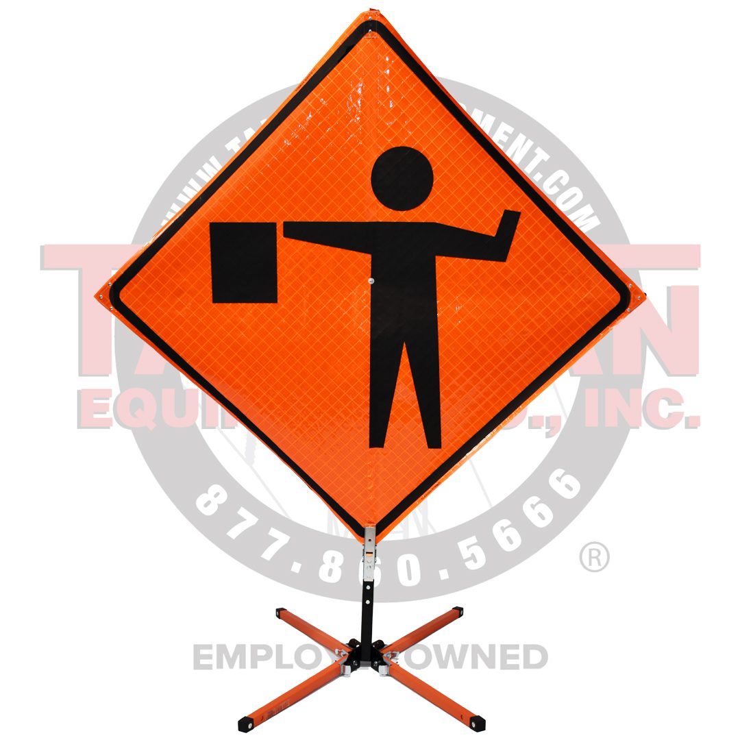 Roll Up Sign, 48x48 Reflective PP HF Flagger Ahead Symbol w/ Paddle (W20-7A)