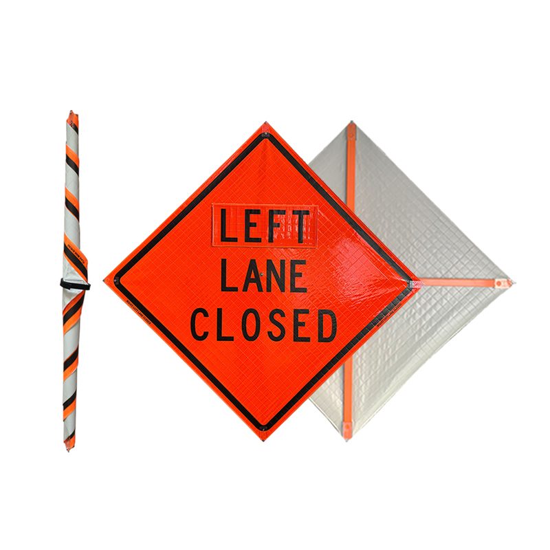 Roll Up Sign, 48x48 Reflective PP HF Left Lane Closed (3 Lines), Velcro around Left 9x28
