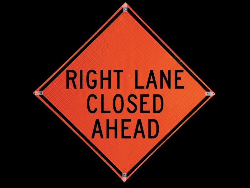 Roll Up Sign, 36X36 Reflective PP HF, Snaps Right Lane Closed Ahead, (W20-5R) Snaps around Right / Ahead