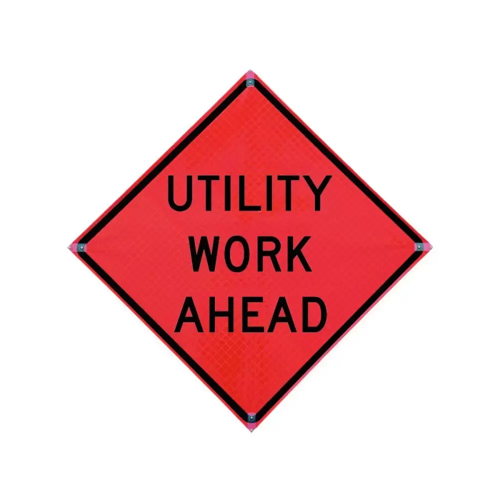 Roll Up Sign 48x48 Avery OmiBrite (WU7014) PP HF Construction Entrance Ahead, w/ Velcro around Ahead
