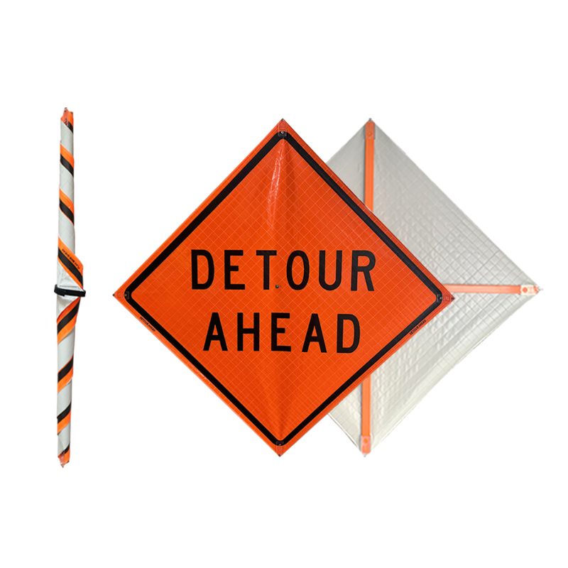 Roll Up Sign 48x48 Avery OmiBrite (WU7014) PP HF Detour, w/ velcro for a 14" x 30" Arrow Overlay