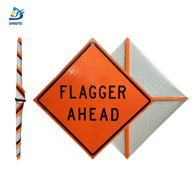 Roll Up Sign 48x48 Avery OmiBrite (WU7014) PP HF Flagger Ahead Symbol w/ Paddle Long Handle
