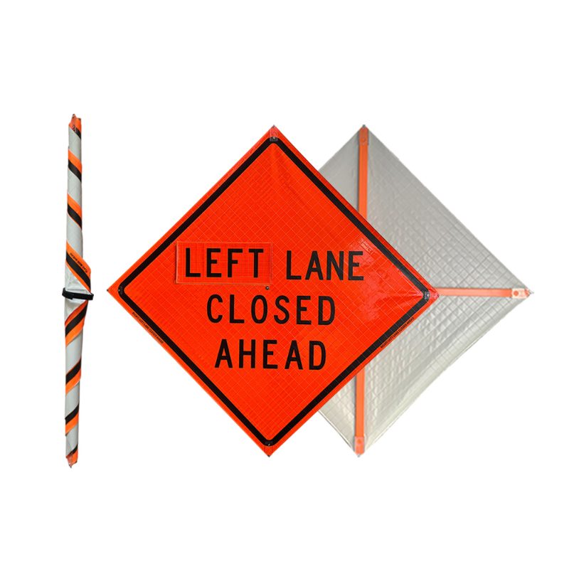 Roll Up Sign, 48x48 Reflective PP HF Left Two Lanes Closed Ahead