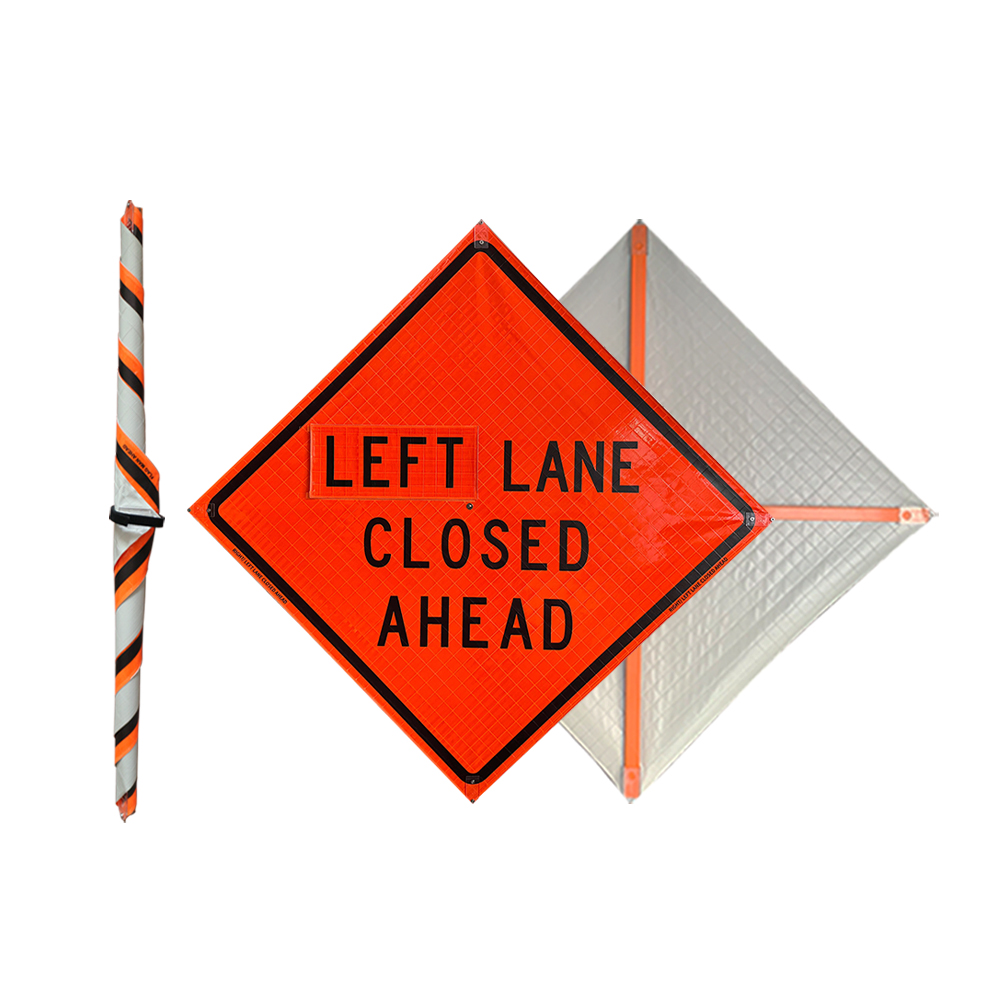 Roll Up Sign, 48x48 Reflective PP HF Left Turn Lane Closed Ahead