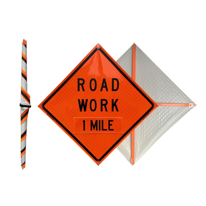 Roll Up Sign, 48x48 Reflective PP HF Road Work 1 Mile
