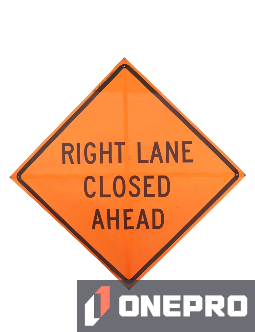 Roll Up Sign, 48x48 Mesh SP NF Right Lane Closed Ahead, (W20-5R) Velcro around Right 8x22 / Ahead 8x30