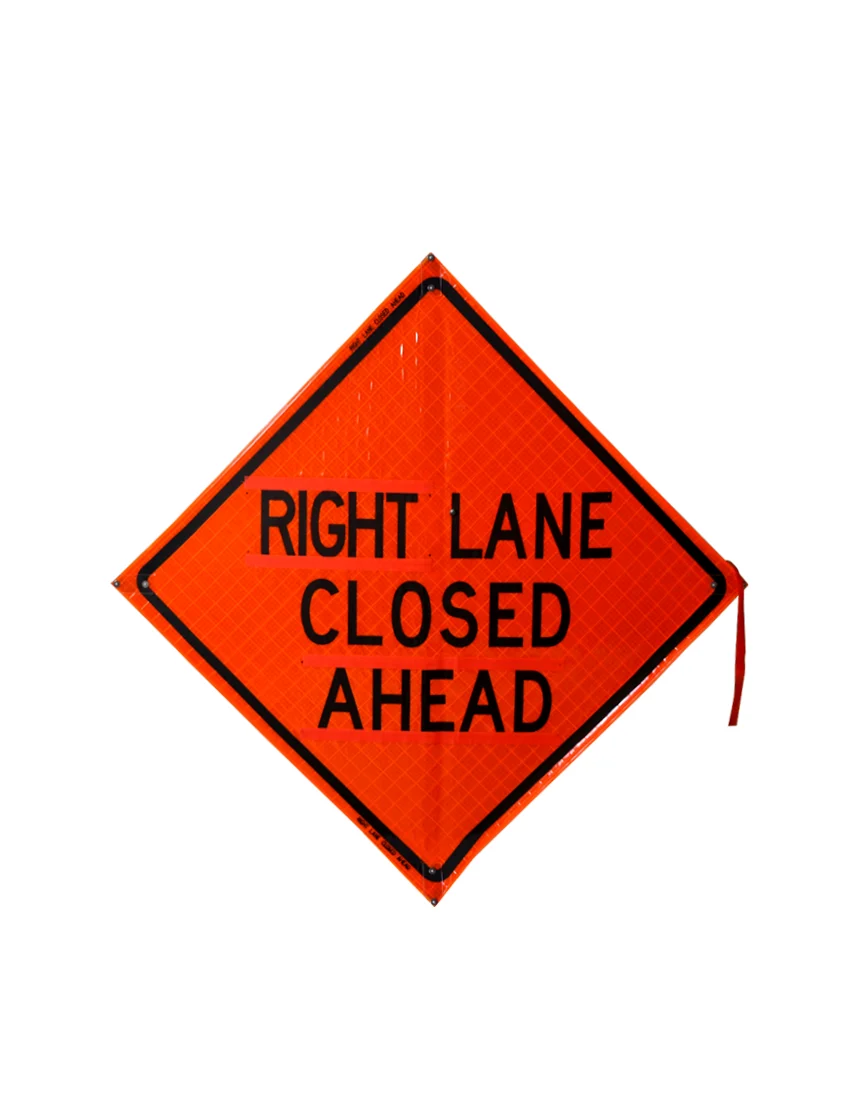 Roll Up Sign, 36x36 Mesh SP NF Right Lane Closed Ahead, (W20-5R) Velcro around Right 7x16 / Ahead 7x22