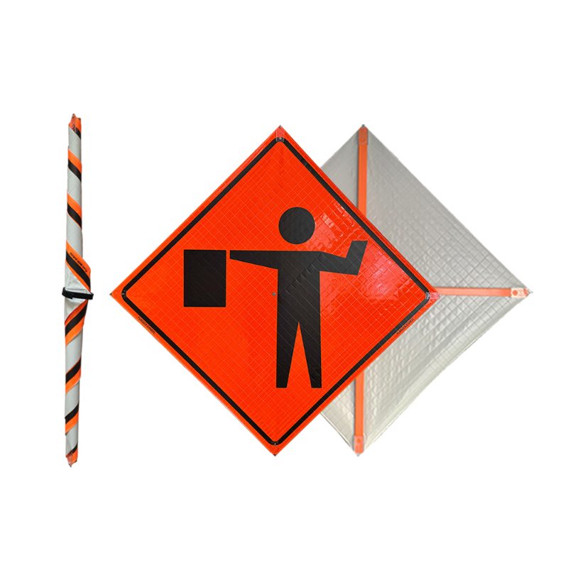 Roll Up Sign, 48x48 Mesh SP NF Flagger Ahead Symbol w/ Paddle (W20-7A)
