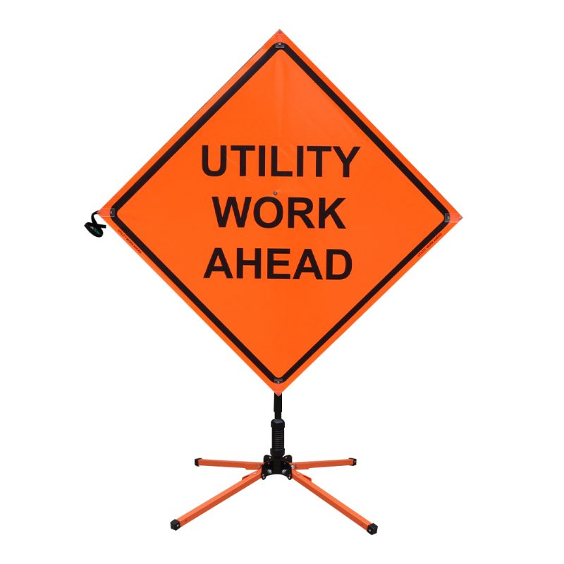 Roll Up Sign, 48x48 Non Reflective Vinyl SP NF Utility Work Ahead (W21-7) Velcro around Ahead 7x22