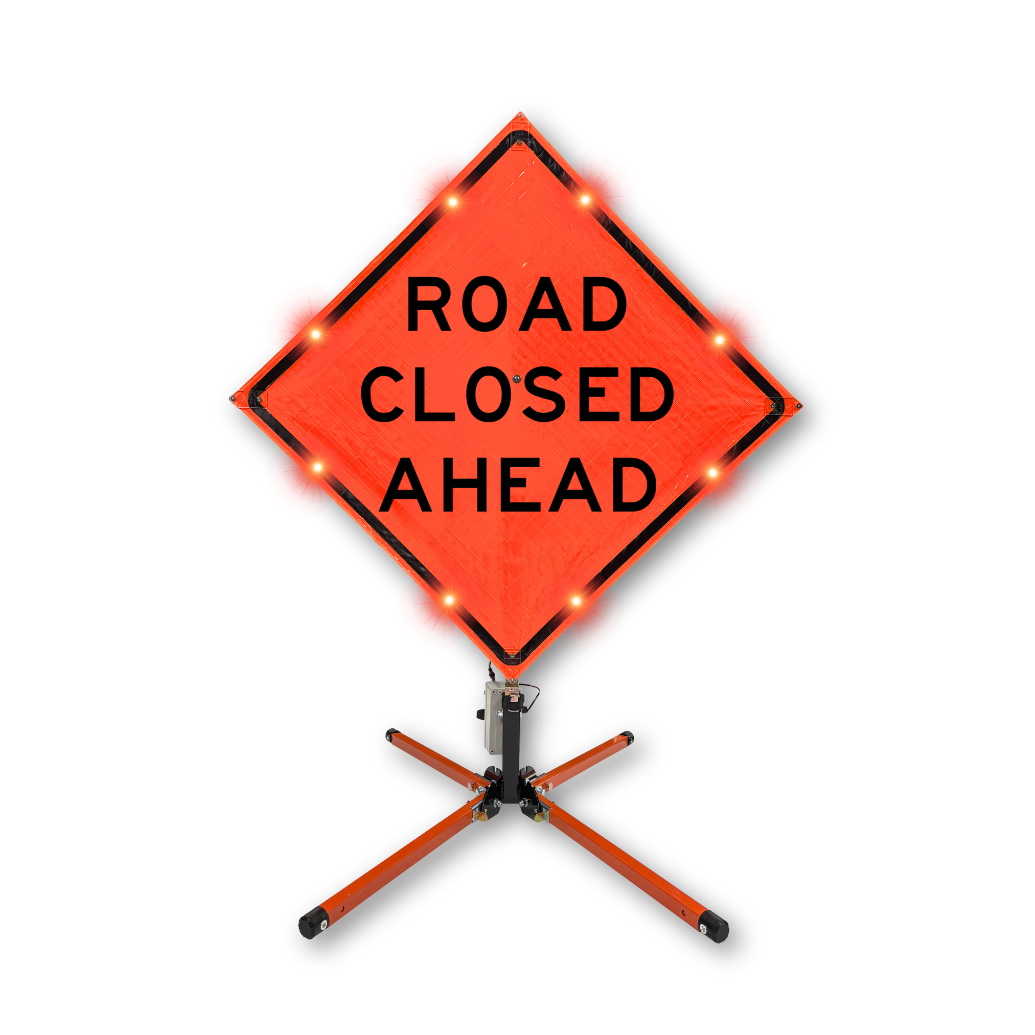 Roll Up Sign, 48x48 Reflective SP NF Road Closed Ahead, (W20-3) Velcro around Ahead 9x30