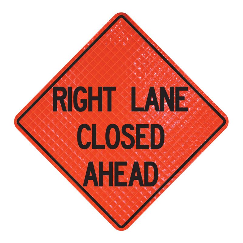 Roll Up Sign, 48x48 Reflective SP NF Right Lane Closed Ahead w/ velcro above Right Lane for 8" x 6" Overlay (W20-5)