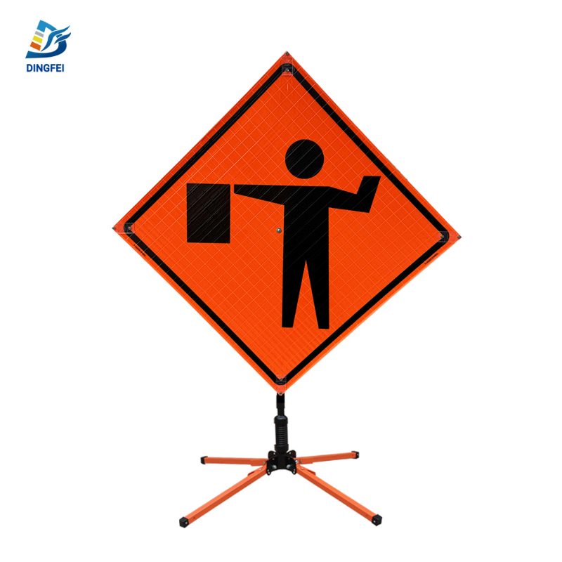 Roll Up Sign, 36x36 Reflective SP NF Flagger Ahead Symbol w/ Paddle (W20-7A)