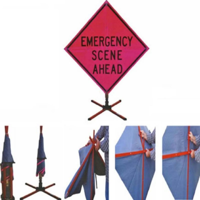 Slide-N-Store System Alum w/ Spring 48" Pink Sign Emergency Scene Ahead, Velcro around Ahead 8x30 (Includes: Sign, Stand and Bag