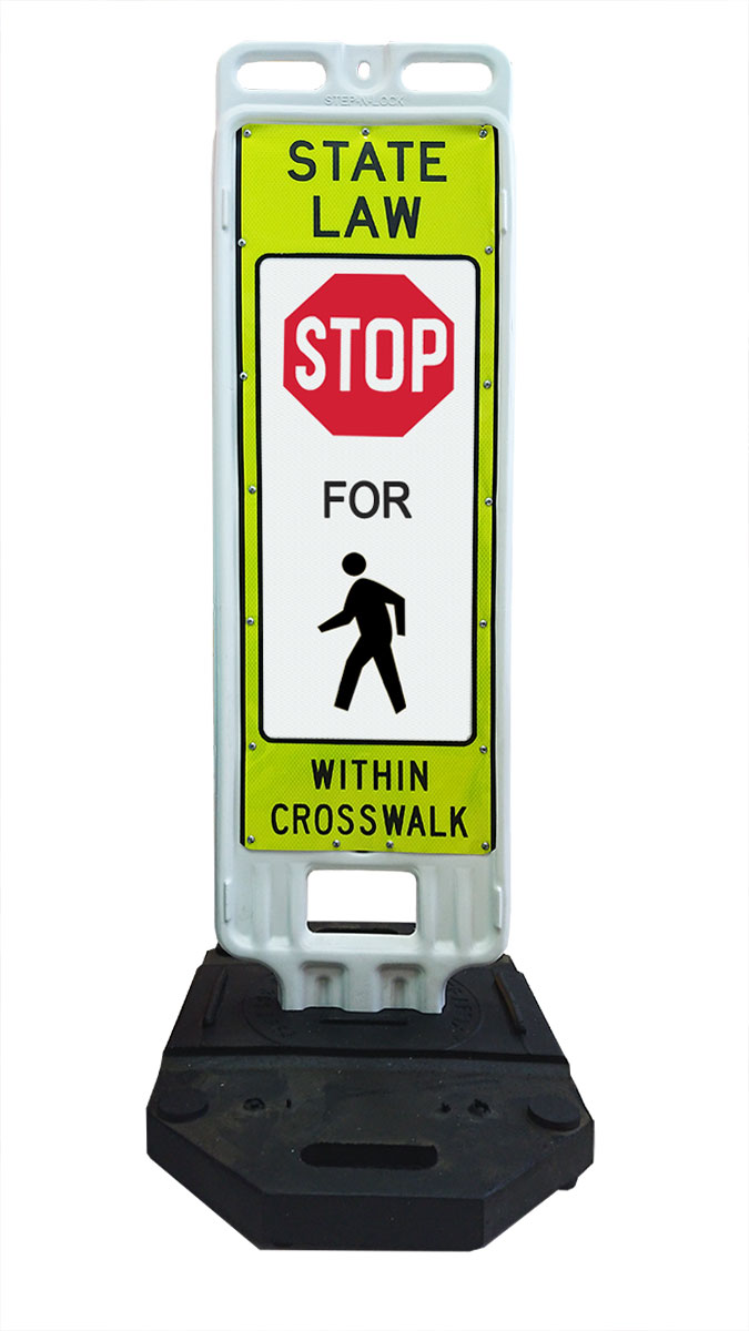 Step-N-Lock, 8" x 36" White Vertical Panel DG Lime/Yellow 1-Side, 43 Base, Stop Sign (Red) For Pedestrians,(Pedestrian in Crossw