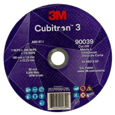 3M™ Cubitron™ 3 Cut-Off Wheel, 90039, 60+, T1, 7 in x 0.09 in x 7/8 in (180 x 2 x 22.23 mm), ANSI, 25/Pack, 50 ea/Case