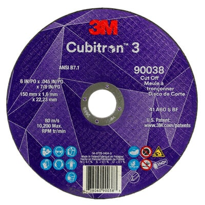 3M™ Cubitron™ 3 Cut-Off Wheel, 90038, 60+, T1, 6 in x 0.045 in x 7/8 in (150 x 1.6 x 22.23 mm), ANSI, 25/Pack, 50 ea/Case