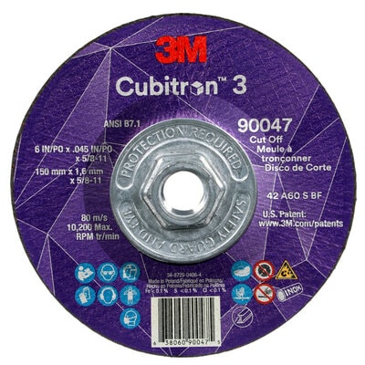 3M™ Cubitron™ 3 Cut-Off Wheel, 90047, 60+, T27, 6 in x 0.045 in x 5/8 in-11 (150 x 1.6 mm x 5/8-11 in), ANSI, 10 ea/Case
