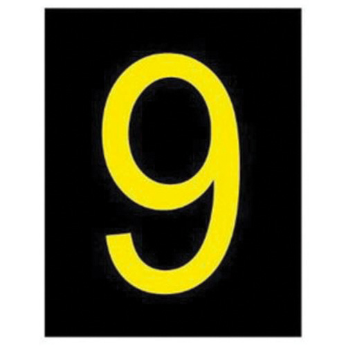 Reflective Individual Number and Letter Labels, 9, 2-1/2" H, Yellow on Black