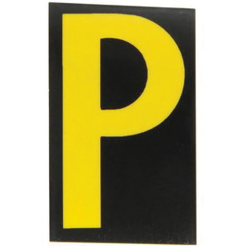 Reflective Individual Number & Letter Labels, P, 2-1/2" H, Yellow on Black