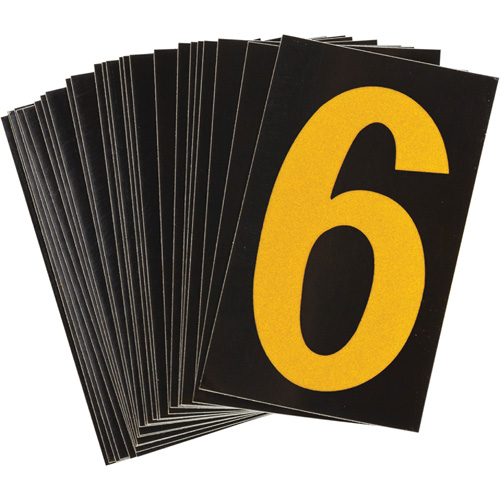 Reflective Individual Number and Letter Labels, 6, 1-1/2" H, Yellow on Black