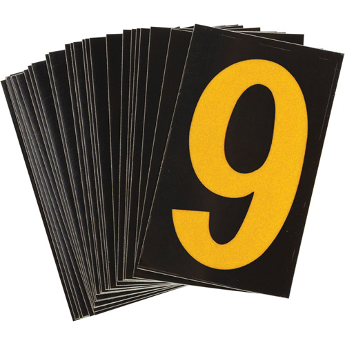 Reflective Individual Number and Letter Labels, 9, 1-1/2" H, Yellow on Black