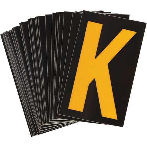 Reflective Individual Number and Letter Labels, K, 1-1/2" H, Yellow on Black