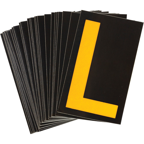 Reflective Individual Number and Letter Labels, L, 1-1/2" H, Yellow on Black