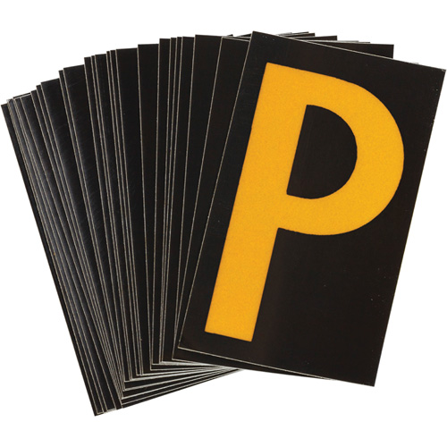 Reflective Individual Number & Letter Labels, P, 1-1/2" H, Yellow on Black