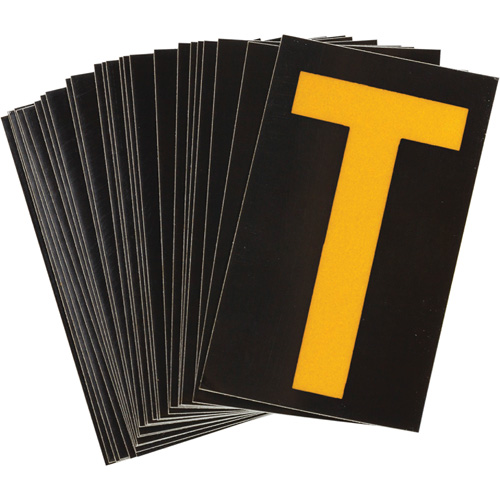 Reflective Individual Number & Letter Labels, T, 1-1/2" H, Yellow on Black