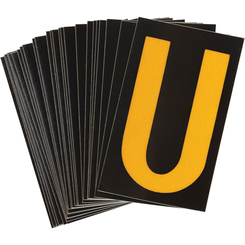 Reflective Individual Number & Letter Labels, U, 1-1/2" H, Yellow on Black
