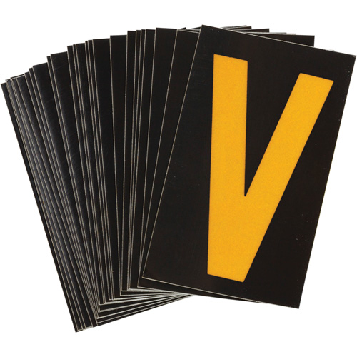 Reflective Individual Number & Letter Labels, V, 1-1/2" H, Yellow on Black