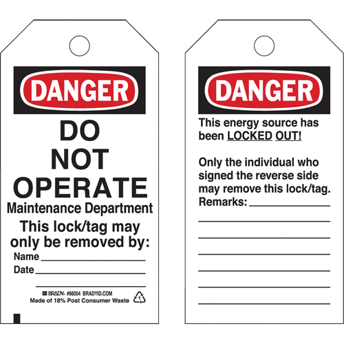 Lockout Tags, Cardstock, 3" W x 5-3/4" H, English
