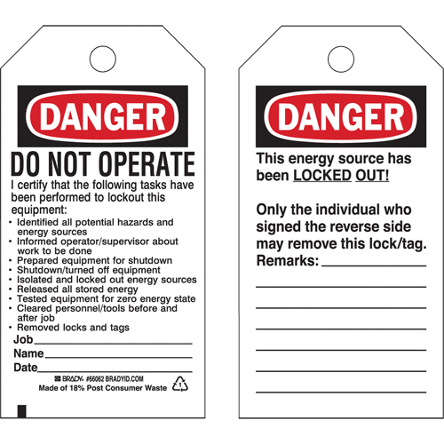 Lockout Tags, Cardstock, 3" W x 5-3/4" H, English