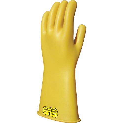 Yellow Natural Rubber Insulating Gloves, ASTM Class 2, Size 9, 16" L