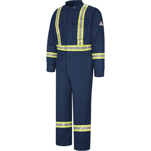 Flame-Resistant Coveralls with Reflective Trim, Size 40, Navy Blue, 12.2 cal/cm²