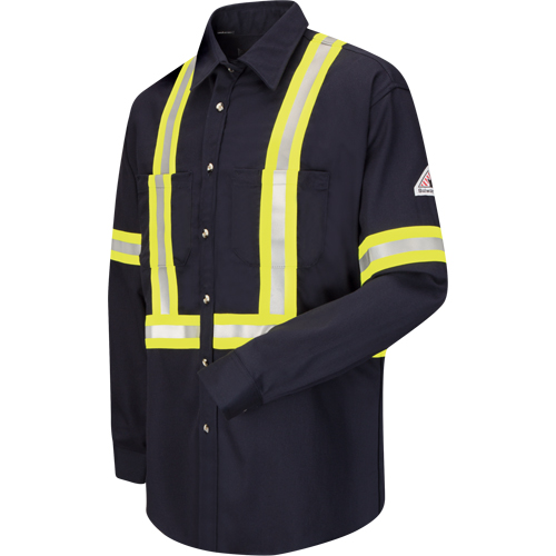 Work Shirt with Reflective Trim, Cotton/Nylon, X-Large, Navy Blue