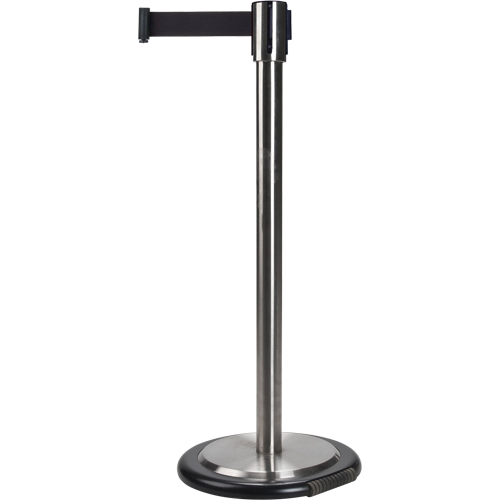 Free-Standing Crowd Control Barrier, Steel, 35" H, Black Tape, 12' Tape Length