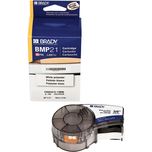 Label Tape, Polyester, 0.375" L x 252" H, Black/White