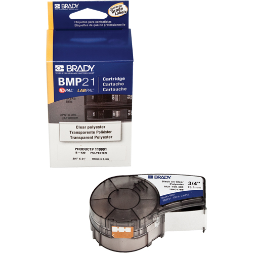 Label Tape, Polyester, 0.75" L x 252" H, Black on Clear