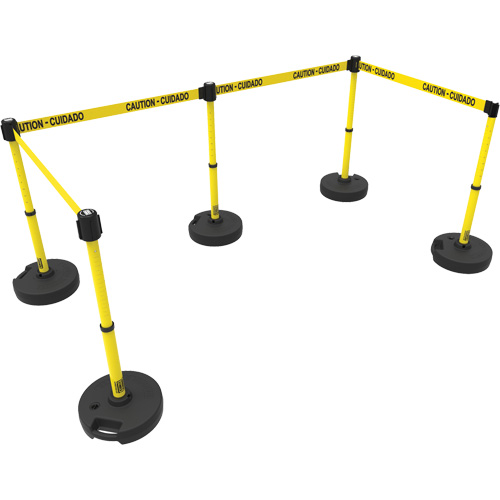 PLUS Barrier Post Set X5, Plastic, 42" H, Yellow Tape, 15' Tape Length