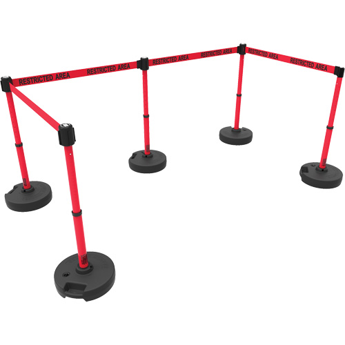 PLUS Barrier Post Set X5, Plastic, 42" H, Red Tape, 15' Tape Length