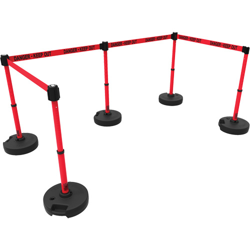 PLUS Barrier Post Set X5, Plastic, 42" H, Red Tape, 15' Tape Length