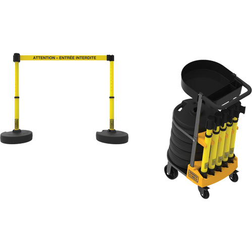 Plus Portable Barrier System Cart Package with Tray, 75' L, Metal/Plastic, Yellow