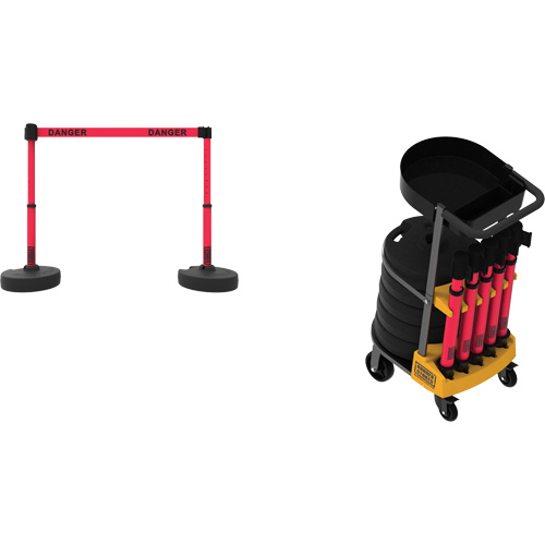 Plus Portable Barrier System Cart Package with Tray, 75' L, Metal/Plastic, Red
