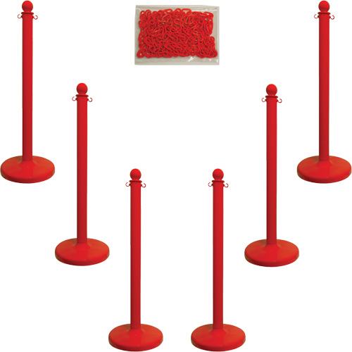 Medium-Duty Stanchion & Chain Kit, 40" High, Red