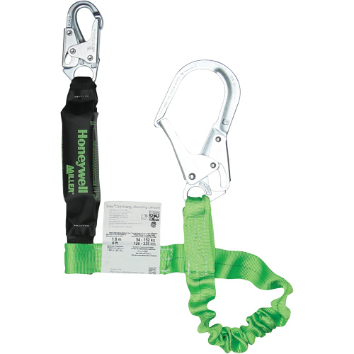 Miller® StretchStop® Shock-Absorbing Lanyard, 6', Scaffold Hook Center, Locking Snap Hook Leg Ends, Polyester
